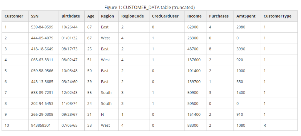 Figure 1: CUSTOMER_DATA table (truncated) Customer SSN Birthdate Age Amtspent CustomerType 539-84-9599 10/26/44 67 East 62900