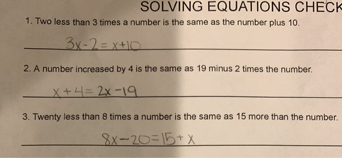 Solved Solving Equations Check 1 Two Less Than 3 Times A Chegg Com