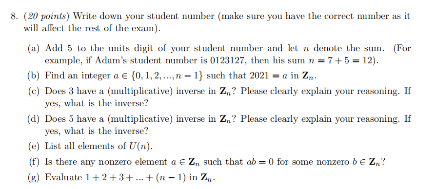 Solved 8. (20 points) Write down your student number (make | Chegg.com
