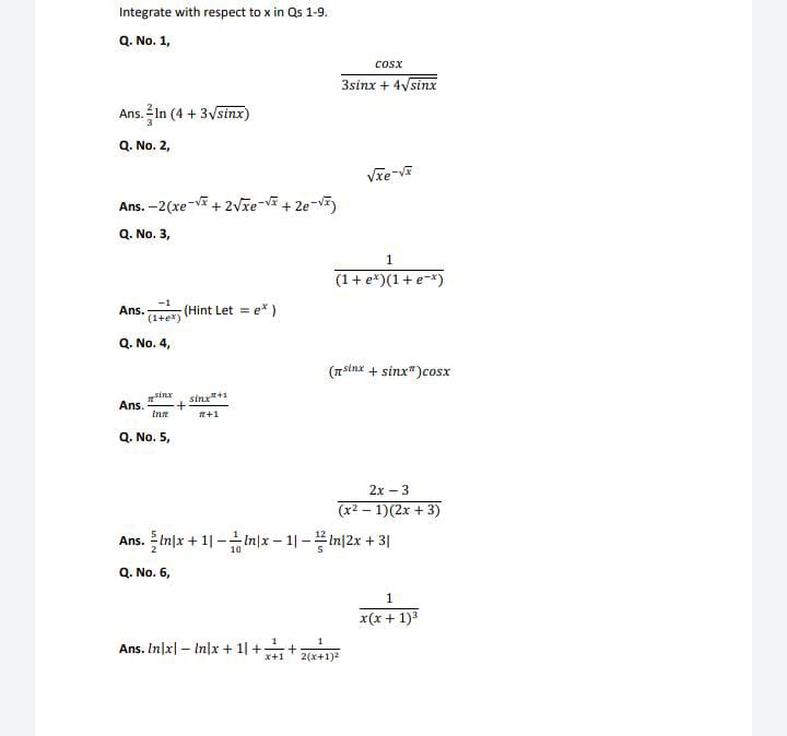 Solved Assignment 1 Integrate with respect to x in Qs 1-9. | Chegg.com