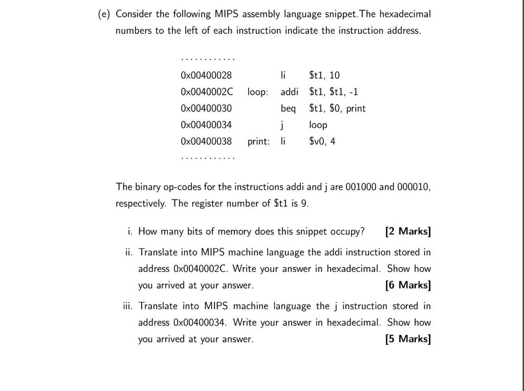 Solved (e) Consider the following MIPS assembly language | Chegg.com