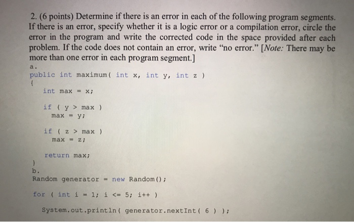 Solved 2. (6 points) Determine if there is an error in each | Chegg.com