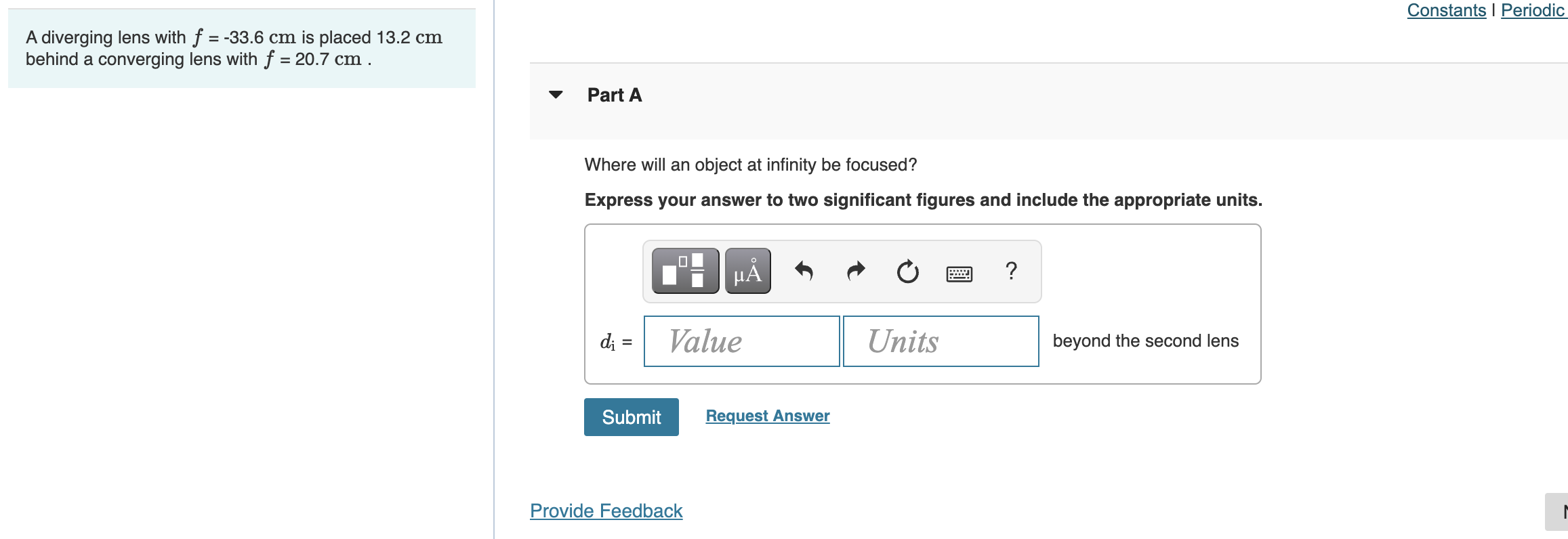 Solved Constants | Periodic = A diverging lens with f = | Chegg.com