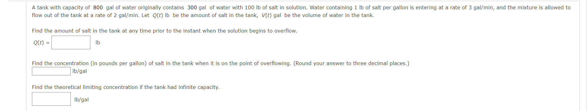 Solved A tank with capacity of 800 gal of water originally | Chegg.com