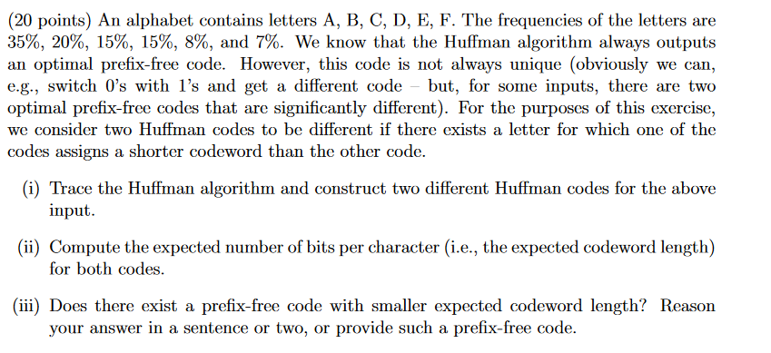 Solved (20 points) An alphabet contains letters A, B, C, D, | Chegg.com