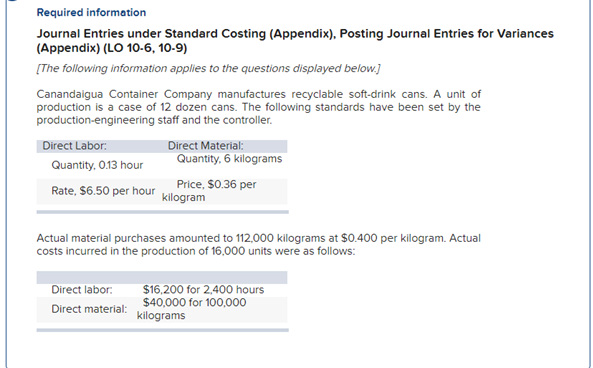 Solved Required information Journal Entries under Standard | Chegg.com