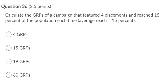 Solved Question 36 (2.5 points) Calculate the GRPs of a | Chegg.com