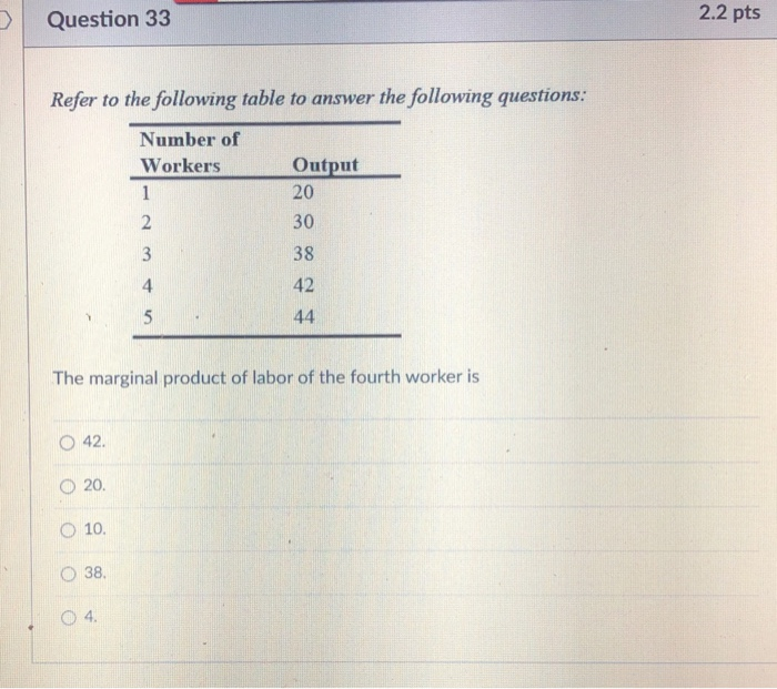 Solved 2.2 pts Question 33 Refer to the following table to | Chegg.com