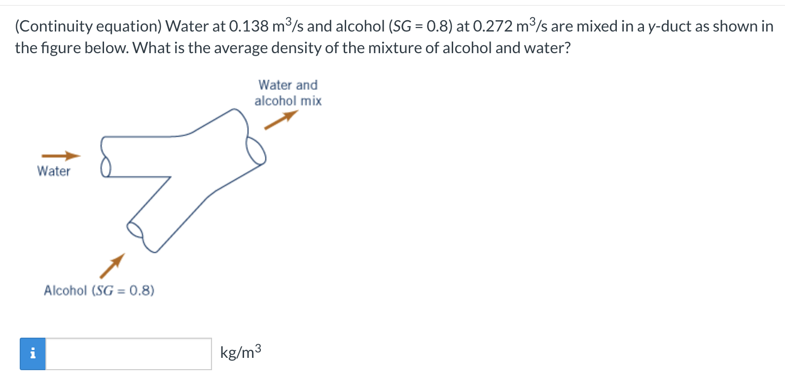 Solved (Continuity equation) Water at 0.138 m3/s and alcohol