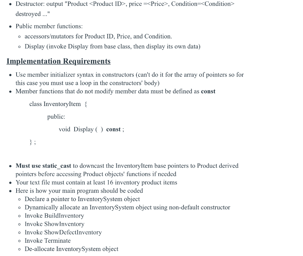 Solved Program Specifications Develop an inventory | Chegg.com