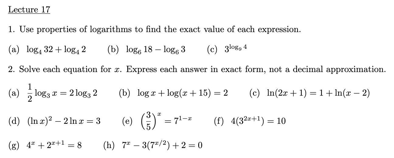 Solved 1. Use properties of logarithms to find the exact | Chegg.com