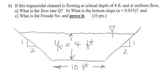 Solved 6) If this trapezoidal channel is flowing at critical | Chegg.com