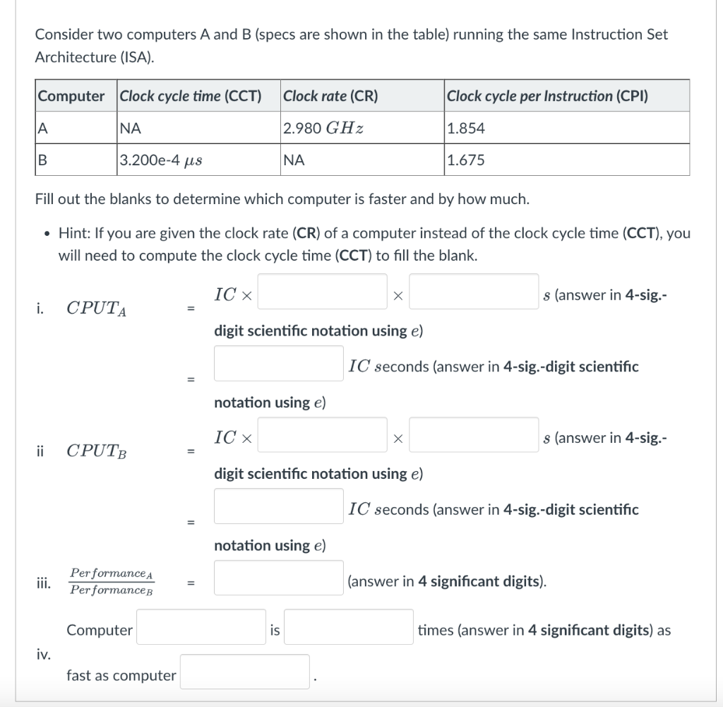 Solved Consider Two Computers A And B (specs Are Shown In | Chegg.com