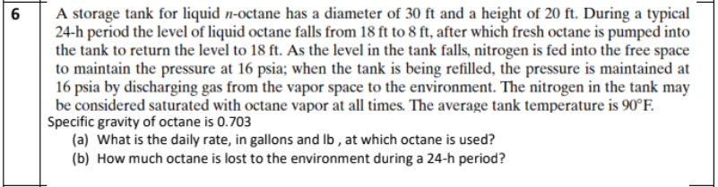 Solved A storage tank for liquid n-octane has a diameter of | Chegg.com