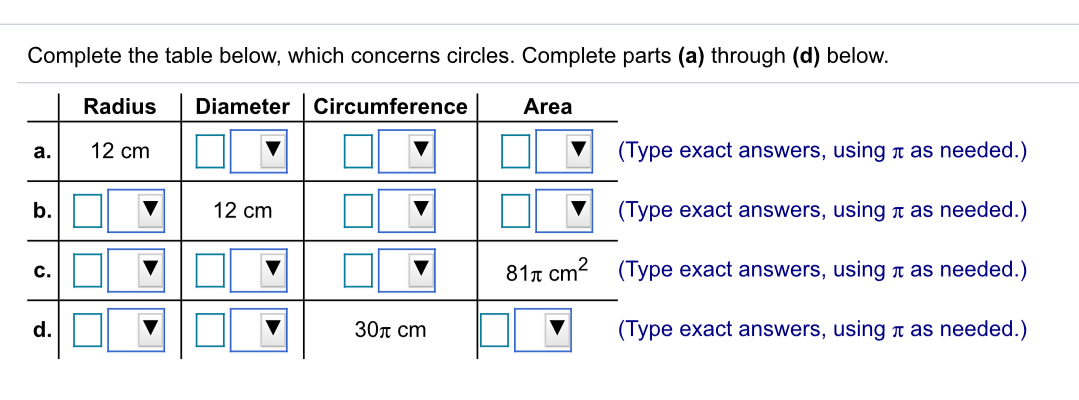 Circle Table Problem Solved Complete the table below, which concerns circles. | Chegg.com