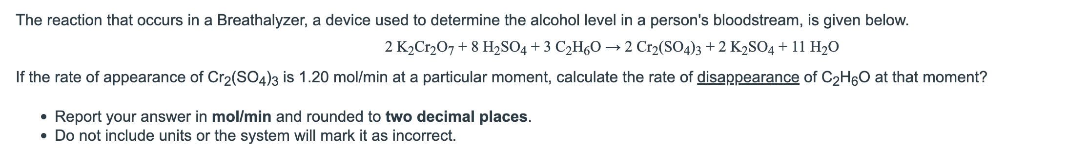 Solved The reaction that occurs in a Breathalyzer, a device | Chegg.com