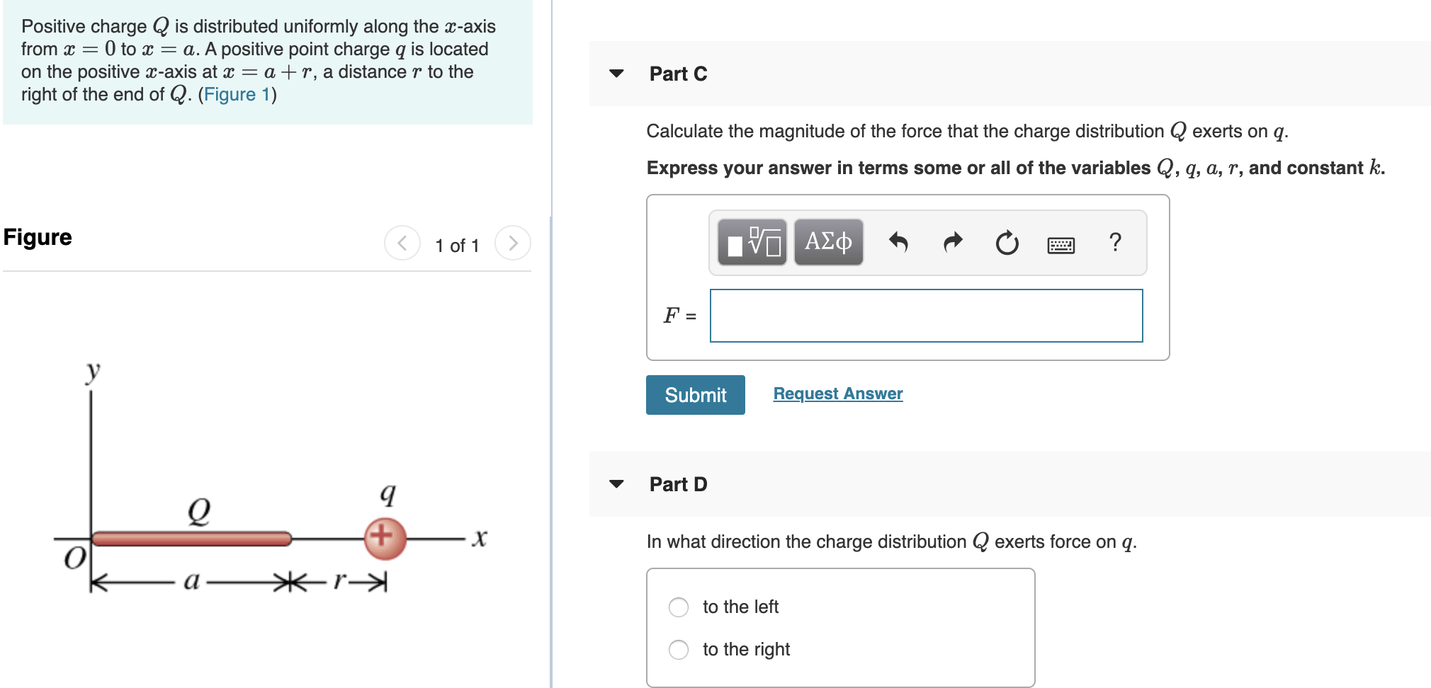 Solved Positive charge Q is distributed uniformly along the | Chegg.com