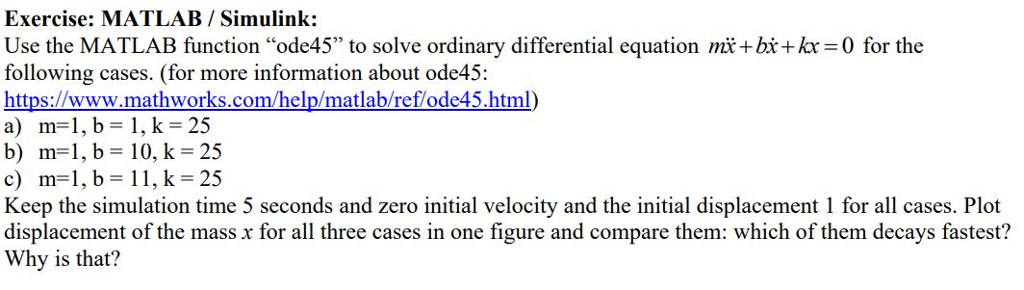 Solved Exercise: MATLAB / Simulink: Use the MATLAB function | Chegg.com