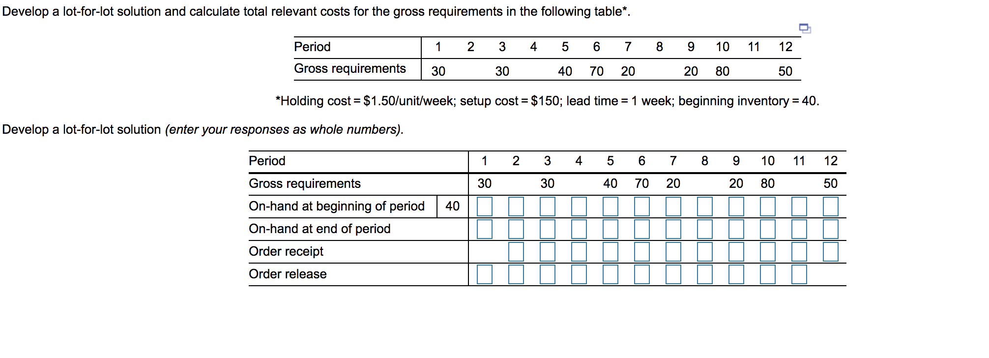 Solved Develop a lot-for-lot solution and calculate total | Chegg.com