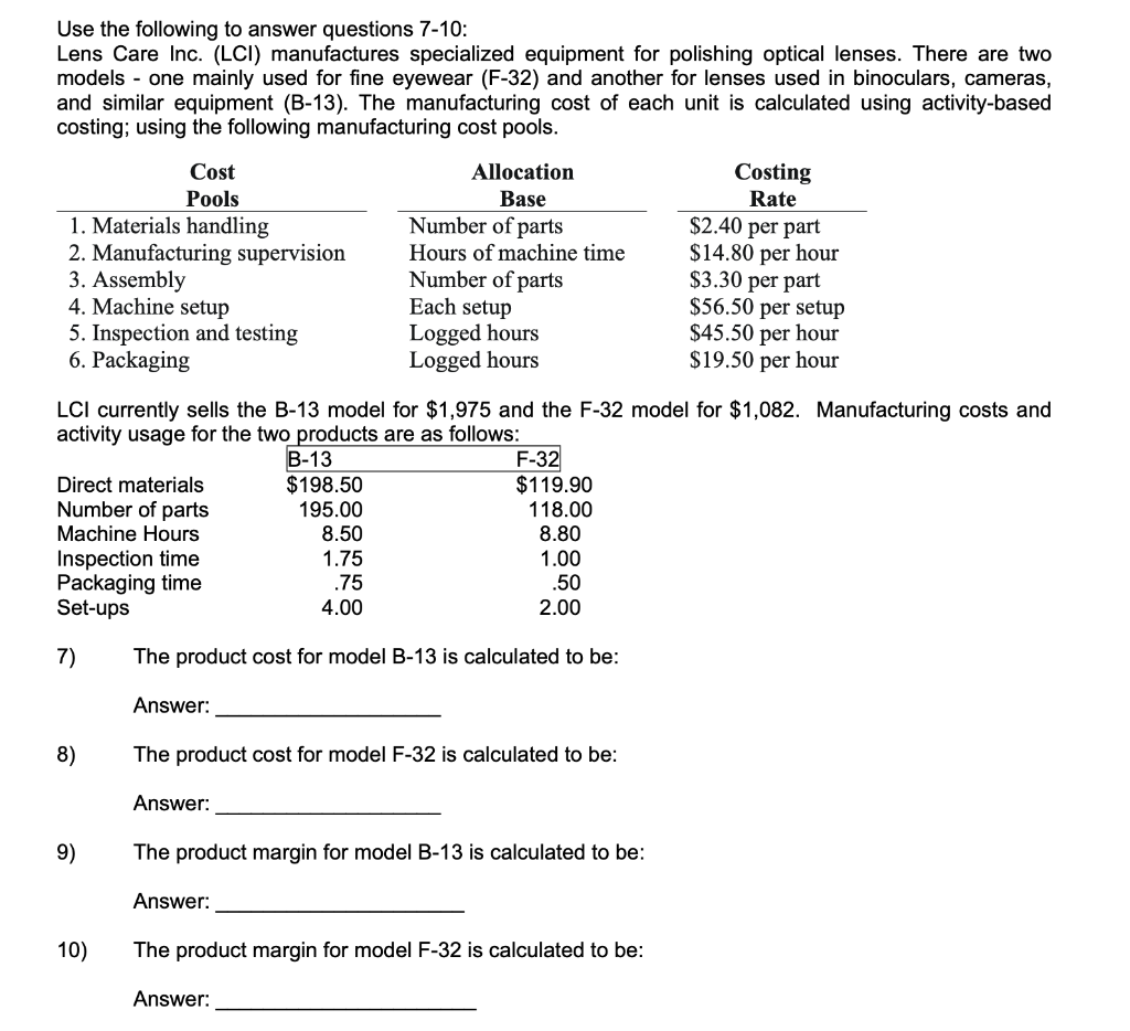 Solved Use the following to answer questions 710 Lens Care