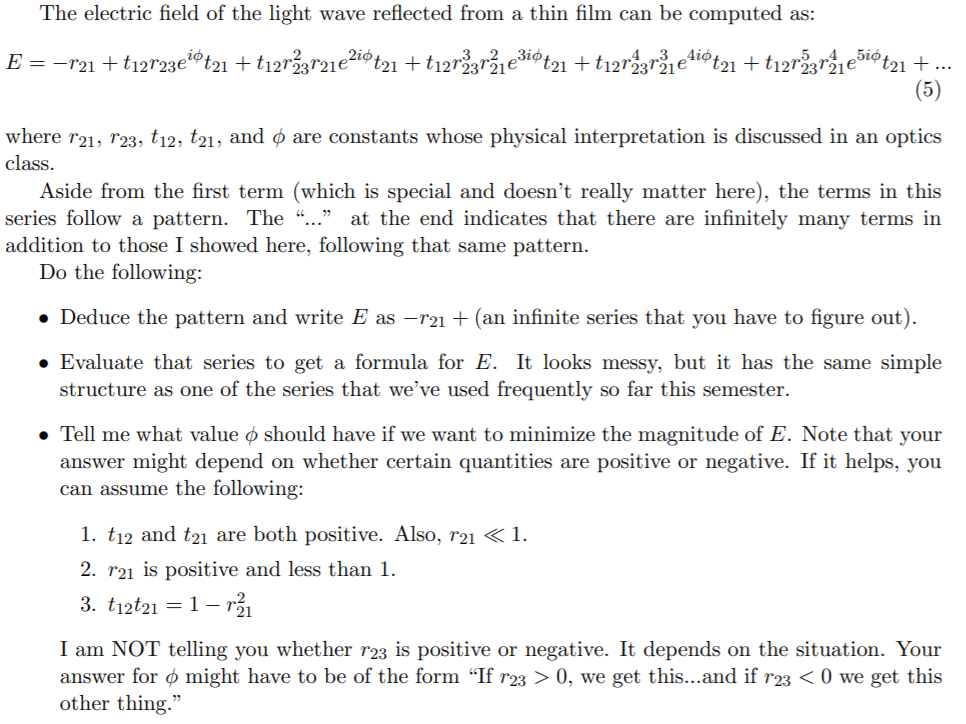 Solved The electric field of the light wave reflected from a | Chegg.com
