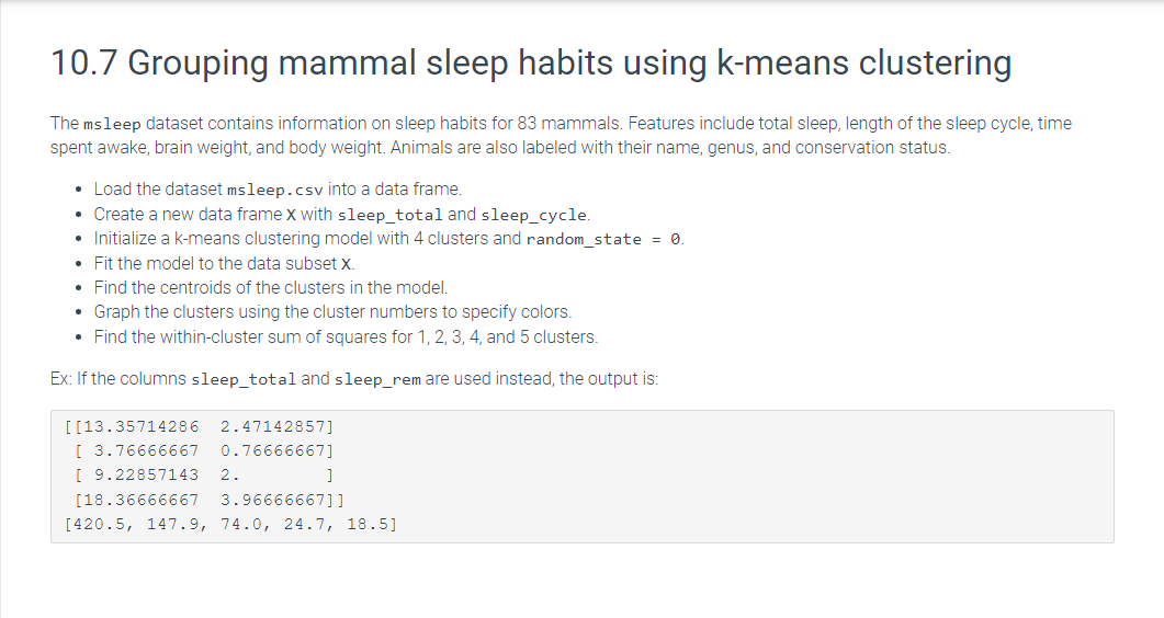 Solved 10.7 Grouping Mammal Sleep Habits Using K-means | Chegg.com