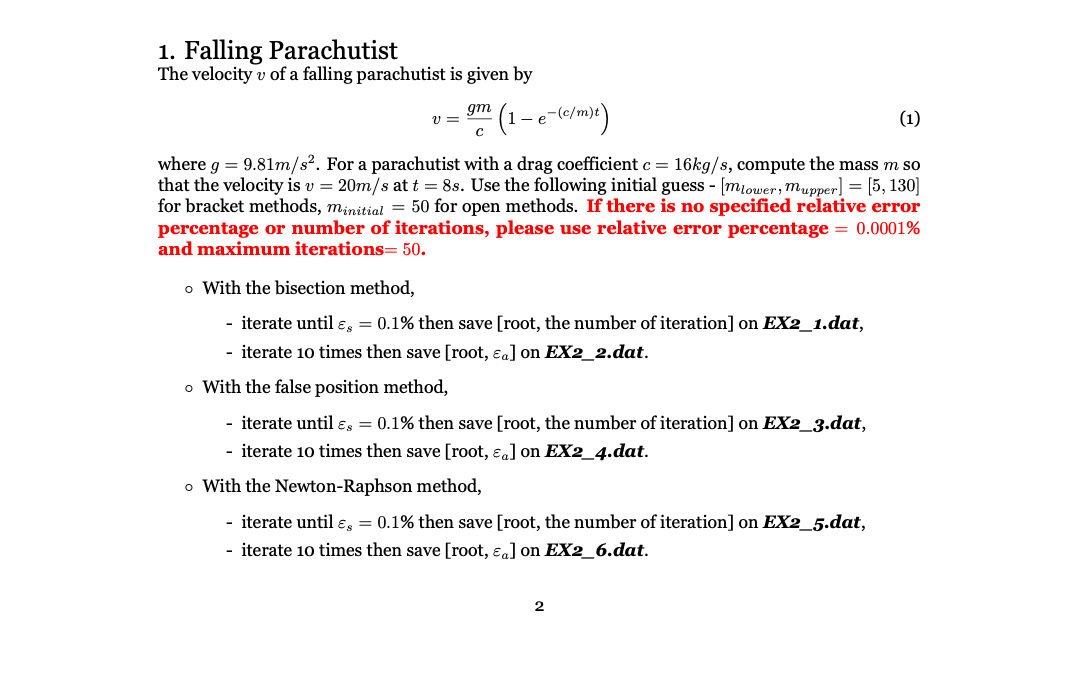 Solved 1 Falling Parachutist The Velocity V Of A Falling Chegg Com