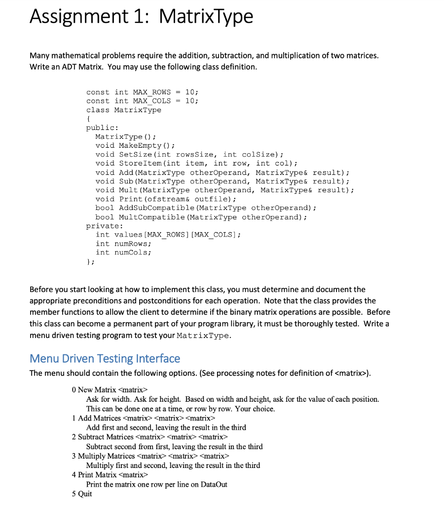 Solved Assignment 1: MatrixType Many mathematical problems | Chegg.com