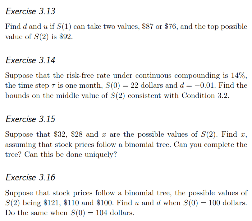 Exercise 3.13 Find d and u if S(1) can take two | Chegg.com