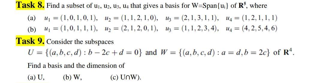 Solved Task 8. Find A Subset Of U1,u2,u3,u4 That Gives A 