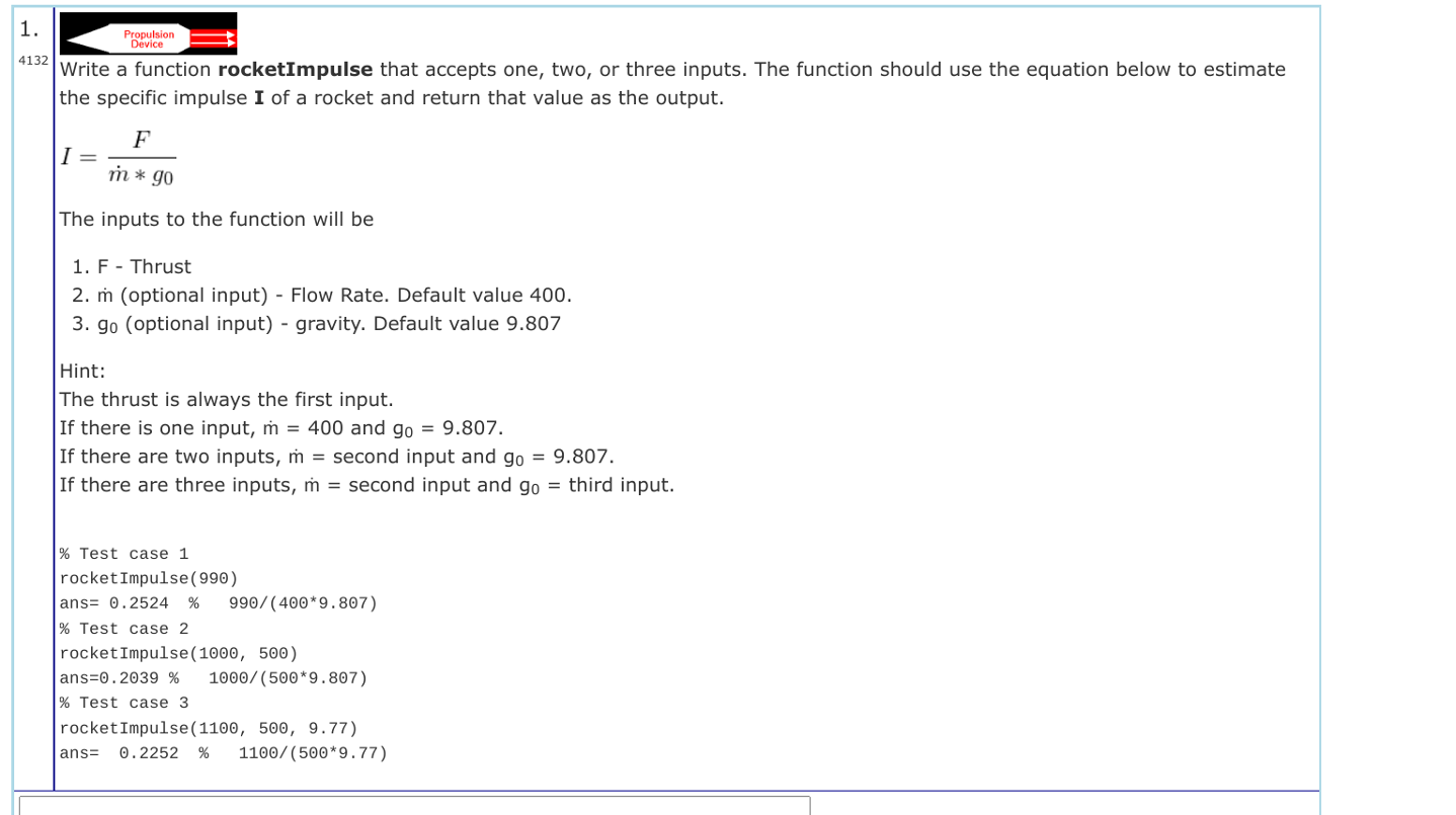 Solved Write a function rocketImpulse that accepts one, two, | Chegg.com