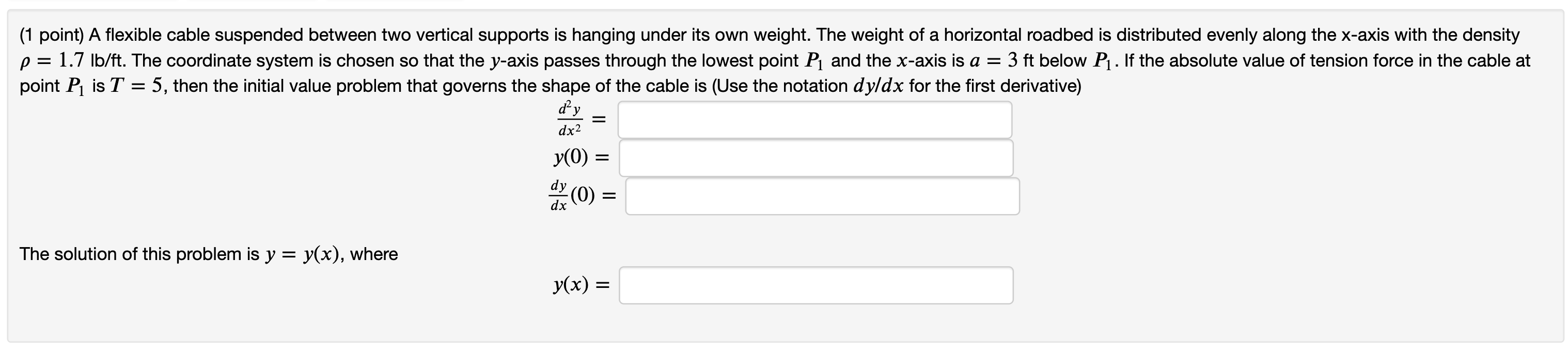 Solved (1 point) A flexible cable suspended between two | Chegg.com