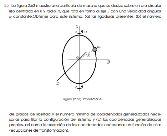 25. La figura 2.63 muestra una partícula de masa \( m \) que se desliza sobre un aro circular liso centrado en 0 y radio \( R