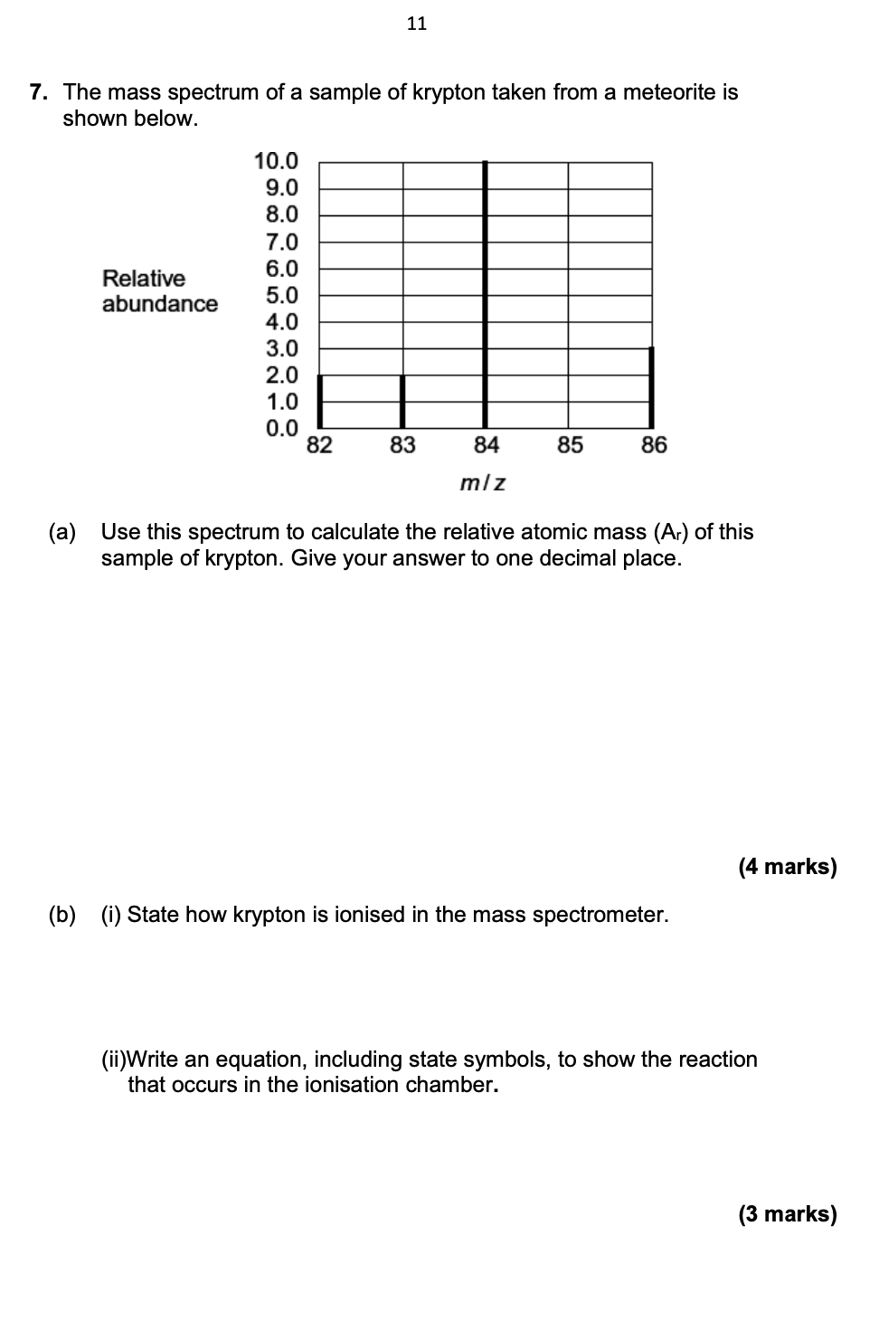 7. The mass spectrum of a sample of krypton taken from a meteorite is shown below.
(a) Use this spectrum to calculate the rel