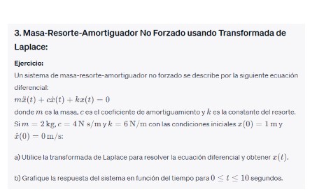 3. Masa-Resorte-Amortiguador No Forzado usando Transformada de Laplace: Ejercicio: Un sistema de masa-resorte-amortiguador no