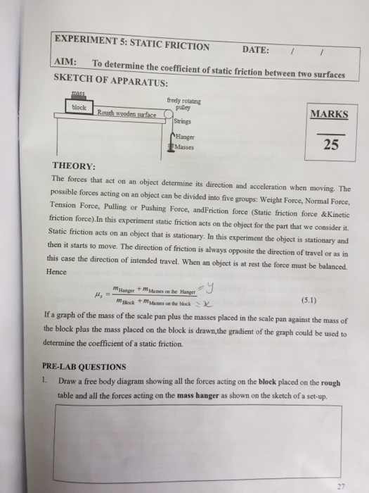 experiment no. 5 coefficient of static friction