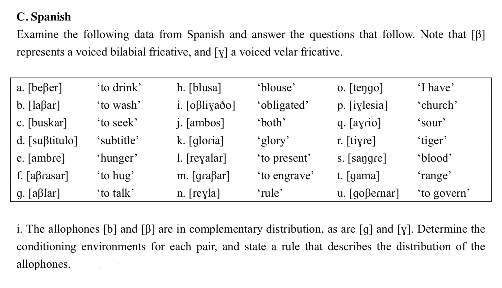 C. Spanish Examine the following data from Spanish