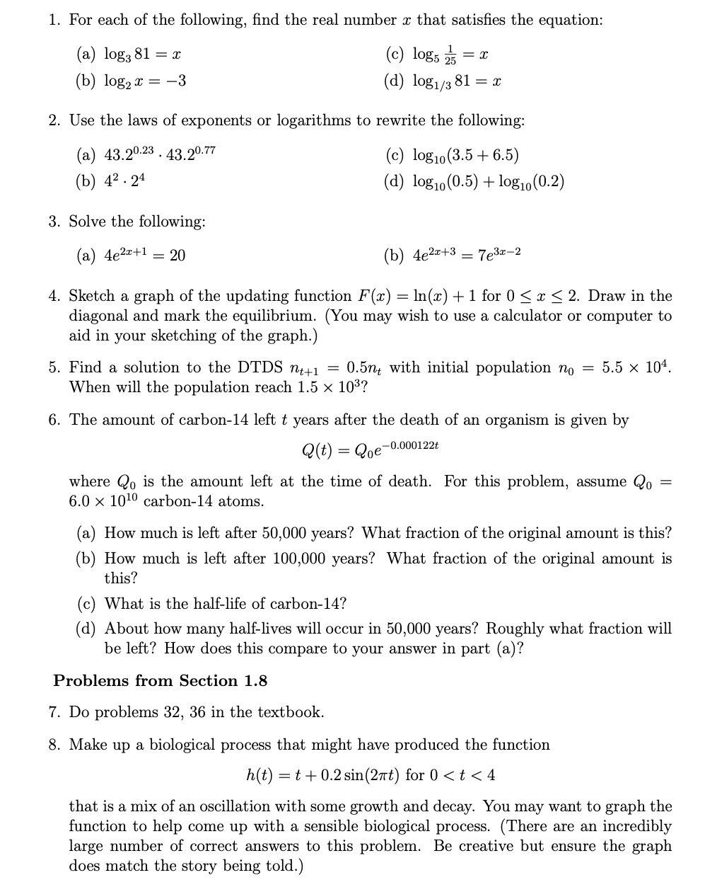 Solved 1. For each of the following, find the real number x | Chegg.com