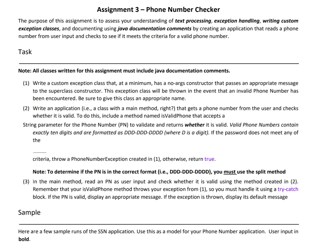 Solved Assignment 3- Phone Number Checker The purpose of | Chegg.com
