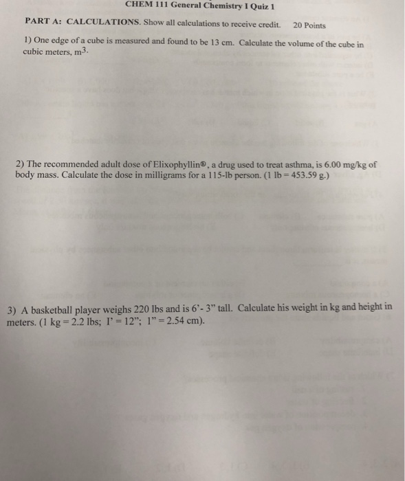 Solved CHEM 111 General Chemistry I Quiz 1 PART A: | Chegg.com