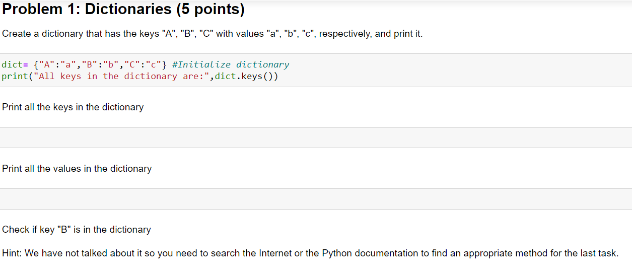 Solved Problem 1: Dictionaries (5 Points) Create A | Chegg.com