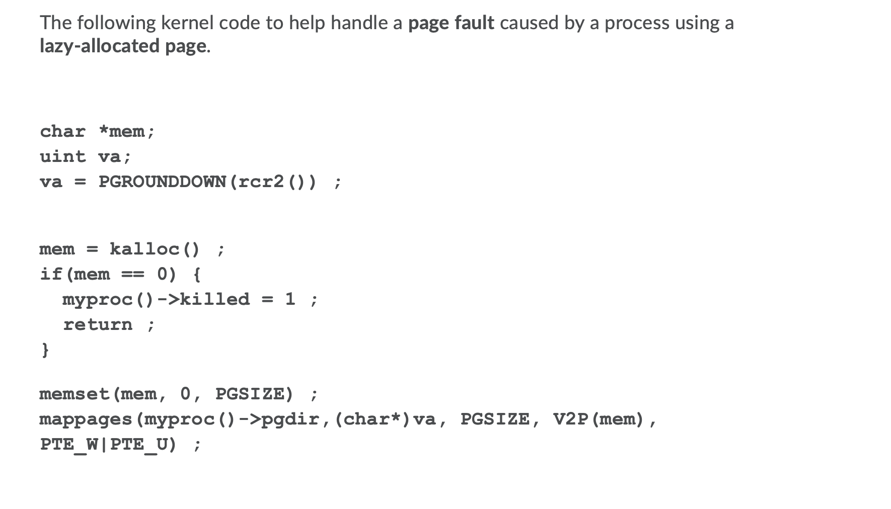 Solved The following kernel code to help handle a page fault | Chegg ...