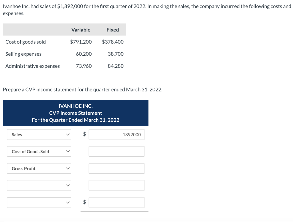 Solved Ivanhoe Inc. had sales of 1,892,000 for the first