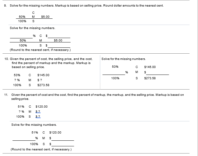 Solved 9. Solve for the missing numbers. Markup is based on | Chegg.com