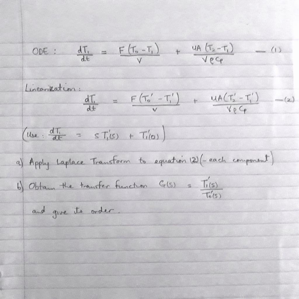 Solved ODE : dT. dt F(T. -T.) + UA (T. -T.) vece V | Chegg.com