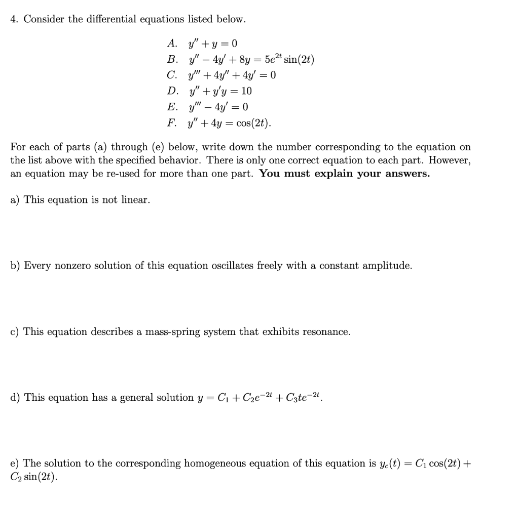 Solved 4. Consider the differential equations listed below. | Chegg.com