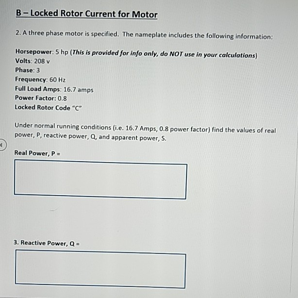 Solved BLocked Rotor Current for Motor 2.A three phase