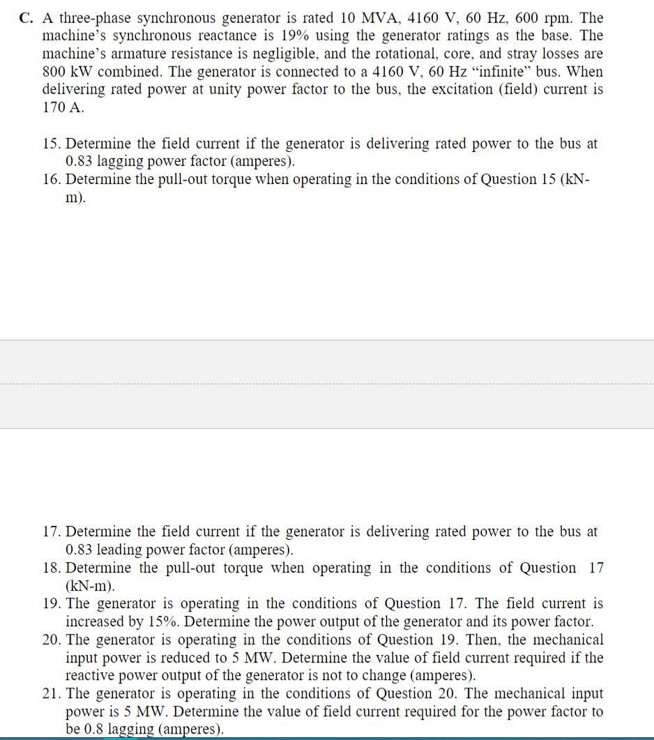 Solved C. A three-phase synchronous generator is rated | Chegg.com