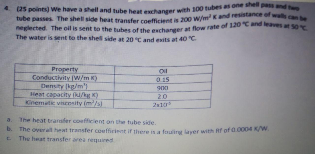 Solved 4. (25 points) We have a shell and tube heat | Chegg.com