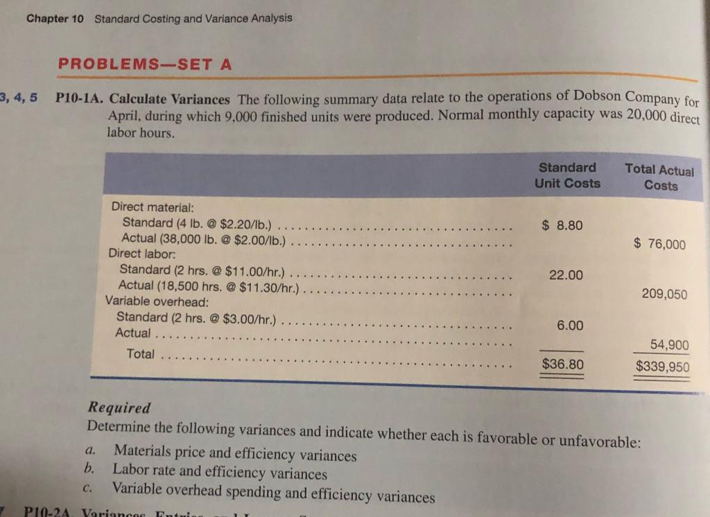 Solved Chapter 10 Standard Costing and Variance Analysis | Chegg.com